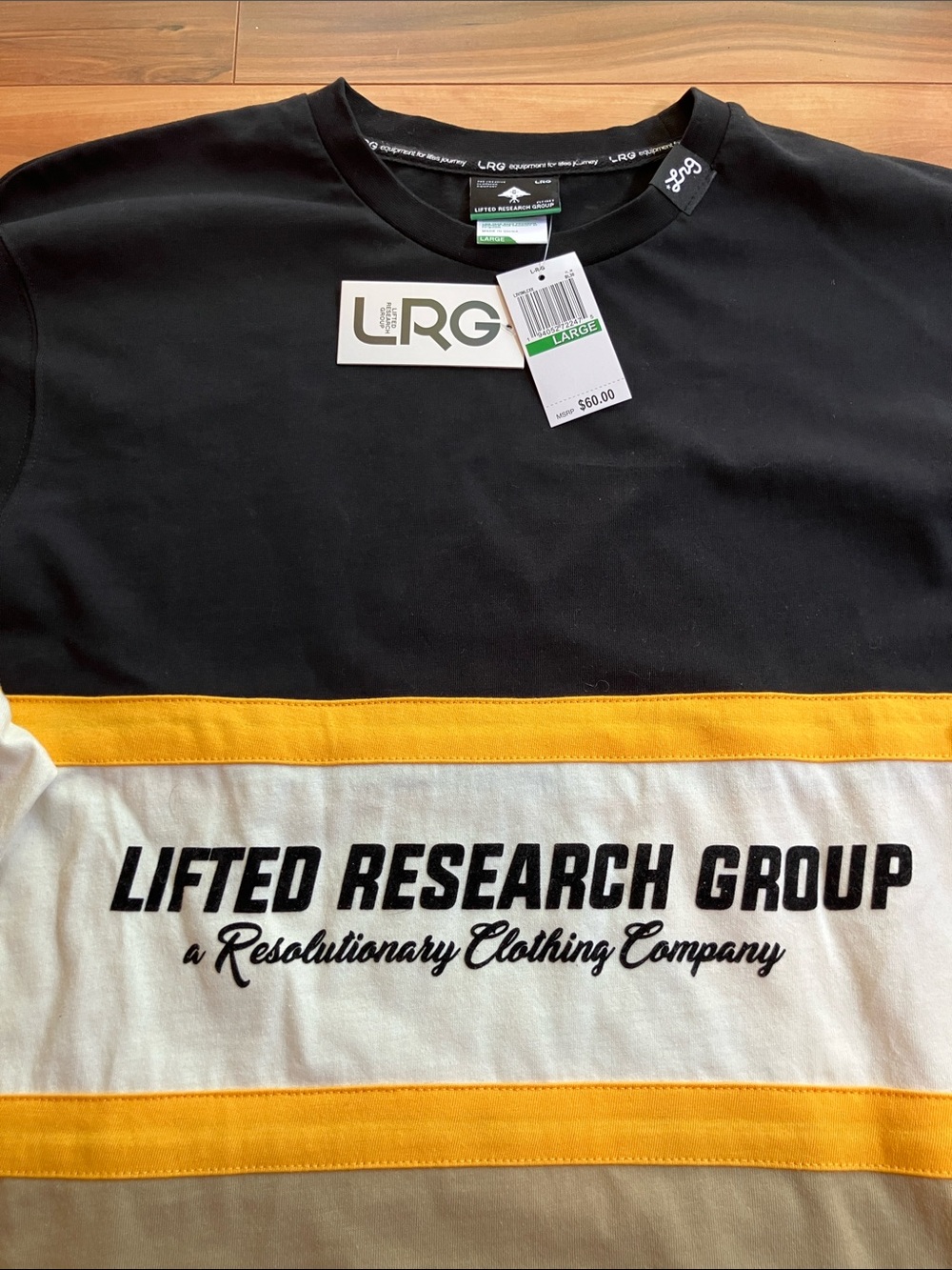 LRG Men’s Colorblock Long Sleeve Shirt in Black, White, Tan with Yellow Trim - Picture 2 of 3